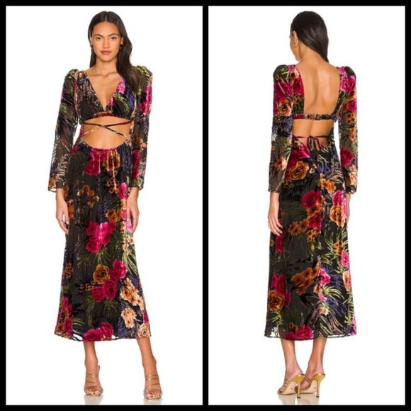 💕WEWORWHAT💕 Cut Out Flocked Velvet Dress ~ Burnout Velvet Floral Print M NWOT - Picture 1 of 16
